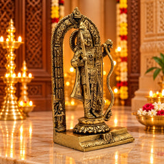 Brass ram lalla deity idol statue with detailed arch, raised hand, and pedestal