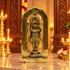 Back view of pure brass ram lalla deity idol with arched frame and pedestal base
