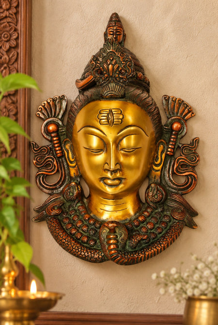 Brass Lord Shiva Wall Hanging Mask for Home Decor, Spiritual Wall Art & Religious Decoration (Height: 10 Inches)