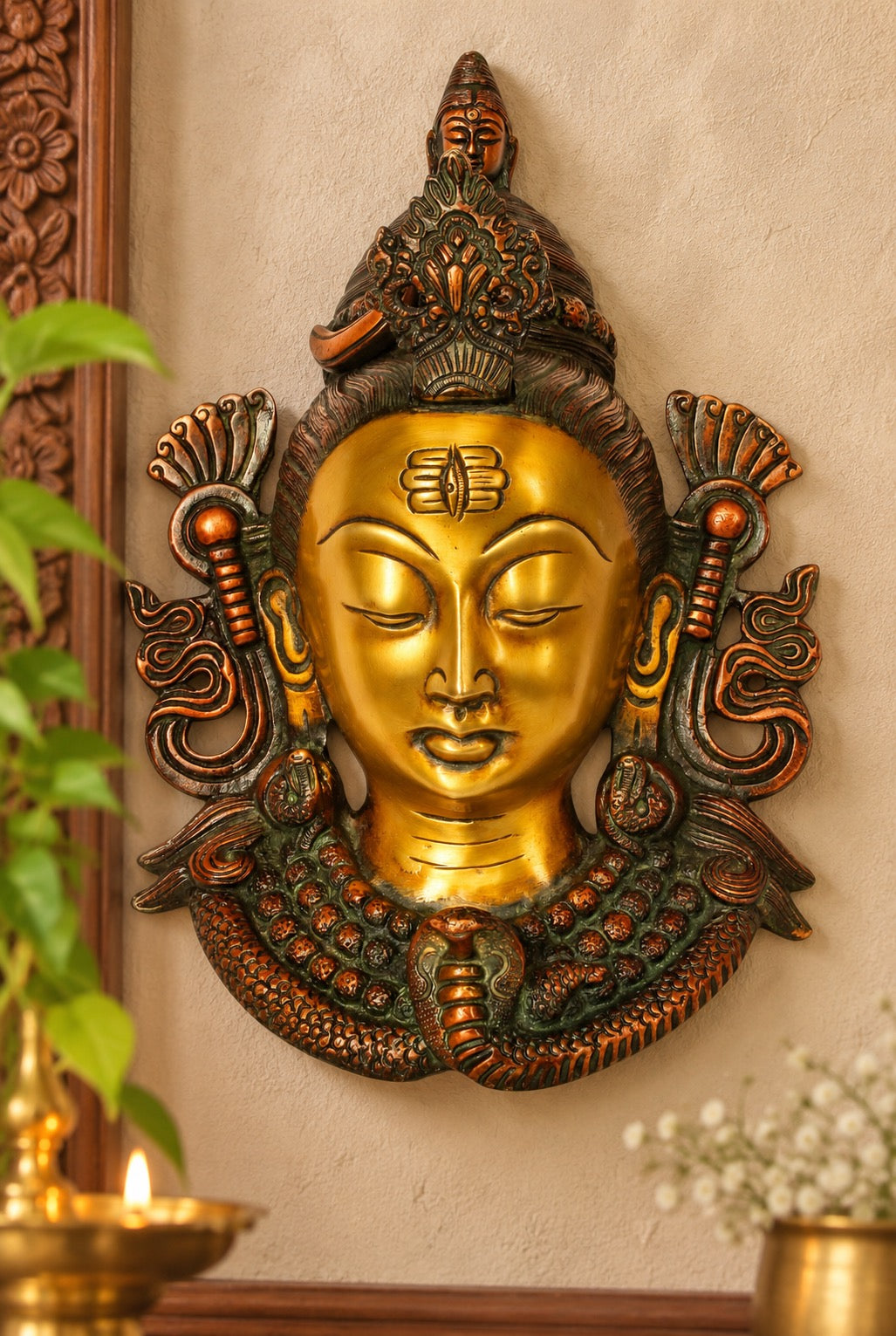 Brass Lord Shiva Wall Hanging Mask for Home Decor, Spiritual Wall Art & Religious Decoration (Height: 10 Inches)