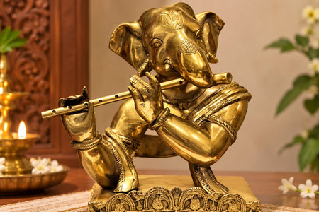 Brass Flute-Playing Ganesha Statue | Antique Finish Home Decor Showpiece (Height: 11 Inches)