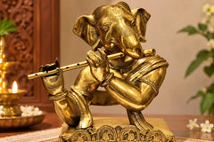 Brass Flute-Playing Ganesha Statue | Antique Finish Home Decor Showpiece (Height: 11 Inches)