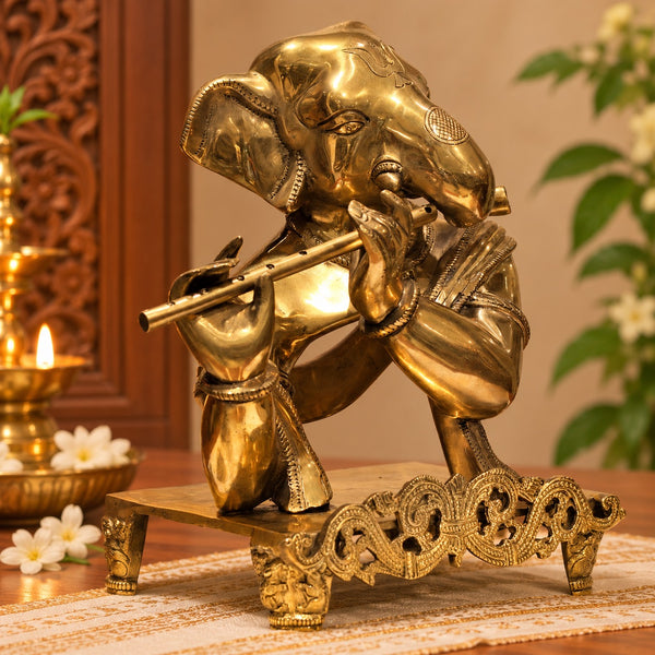 Brass Flute-Playing Ganesha Statue | Antique Finish Home Decor Showpiece (Height: 11 Inches) Study Setting