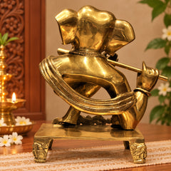 Brass Flute-Playing Ganesha Statue | Antique Finish Home Decor Showpiece (Height: 11 Inches)