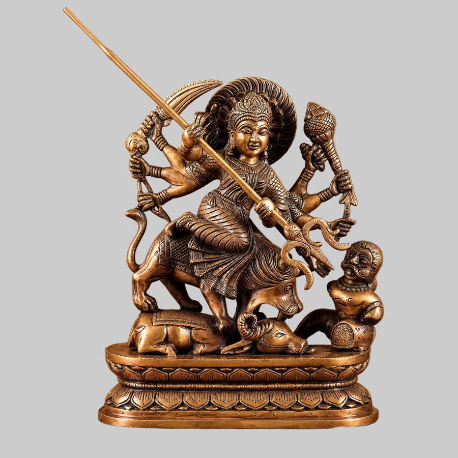 Brass Mahishasura Mardini Durga Statue | Traditional Hindu Goddess Sculpture for Home Decor (Height: 14 Inches) Craft Detail