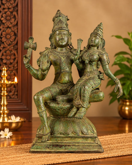 Brass Lord Shiva and Goddess Parvati Statue | Traditional Hindu Idol for Home Decor (Height: 15 Inches)