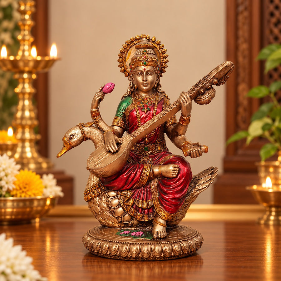Resin Lakshmi, Ganesha & Saraswati Statue Set | Traditional Hindu Deities for Home Temple & Puja Décor (Height: 8 Inches) Craft Detail