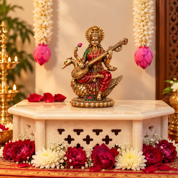 Resin Lakshmi, Ganesha & Saraswati Statue Set | Traditional Hindu Deities for Home Temple & Puja Décor (Height: 8 Inches) Study Setting