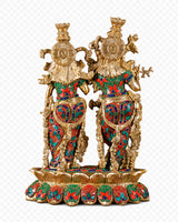 Brass Radha-Krishna statue with colorful meenakari, standing figures on decorated pedestal.