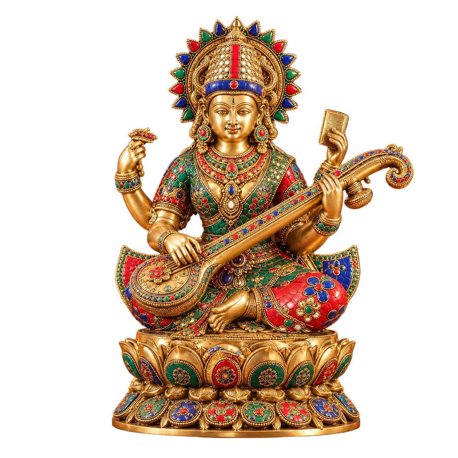 Brass Goddess Saraswati Idol Seated on Lotus with Sitar | Exquisite Stonework and Golden Finish for Home Temple & Décor (Height: 16.5 Inches) Craft Detail