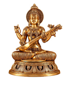 Pure Brass Superfine Goddess Saraswati Statue – Large Decorative Idol for Home Temple, Pooja Room & Office Décor (Height: 17.5 Inches)