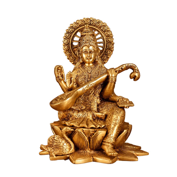 Brass Superfine Goddess Saraswati Idol Seated on Lotus with Swan | Traditional Hindu Statue for Home Temple & Décor (Height: 11 Inches) Entryway Setting