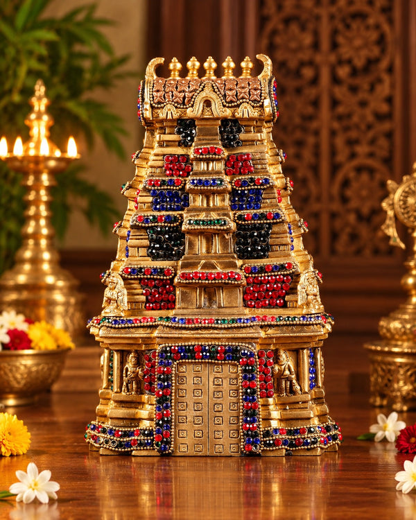 Pure Brass Meenakshi Temple Replica – Large Size (Height: 9.5 Inches) Study Setting
