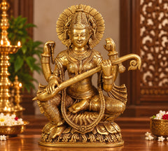 Superfine Brass Goddess Saraswati Statue with Intricate Traditional Carving (Height: 16.5 Inches)