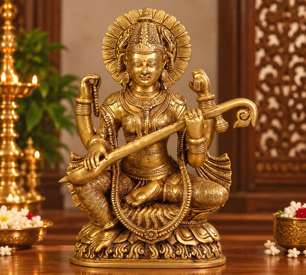 Superfine Brass Goddess Saraswati Statue with Intricate Traditional Carving (Height: 16.5 Inches) Mandir Setting