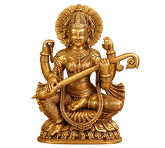 Superfine Brass Goddess Saraswati Statue with Intricate Traditional Carving (Height: 16.5 Inches)