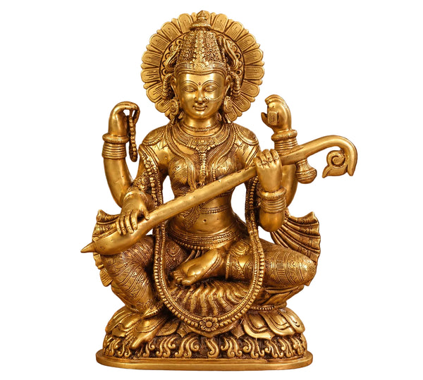 Superfine Brass Goddess Saraswati Statue with Intricate Traditional Carving (Height: 16.5 Inches) Entryway Setting