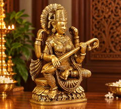 Superfine Brass Goddess Saraswati Statue with Intricate Traditional Carving (Height: 16.5 Inches)