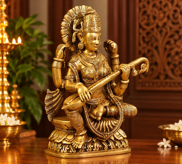 Superfine Brass Goddess Saraswati Statue with Intricate Traditional Carving (Height: 16.5 Inches) Study Setting
