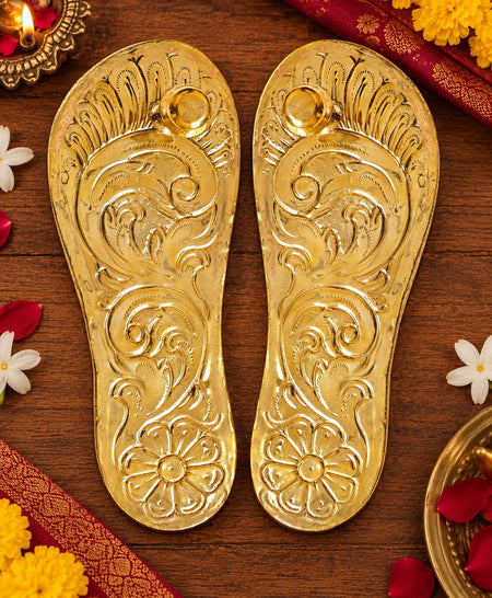 Brass Charan Paduka (Khadau) | Traditional Sacred Sandals | Hindu Pooja Accessory | Auspicious Religious Decor (Height: 2.5 Inches)