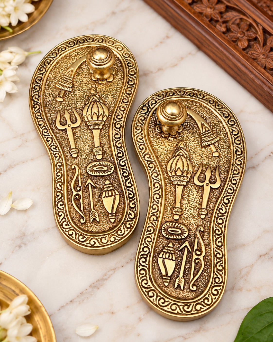 Brass Charan Paduka (Holy Feet) | Traditional Khadau Design | Sacred Hindu Pooja Accessory | Golden Brass Religious Decor (Height: 6 Inches)