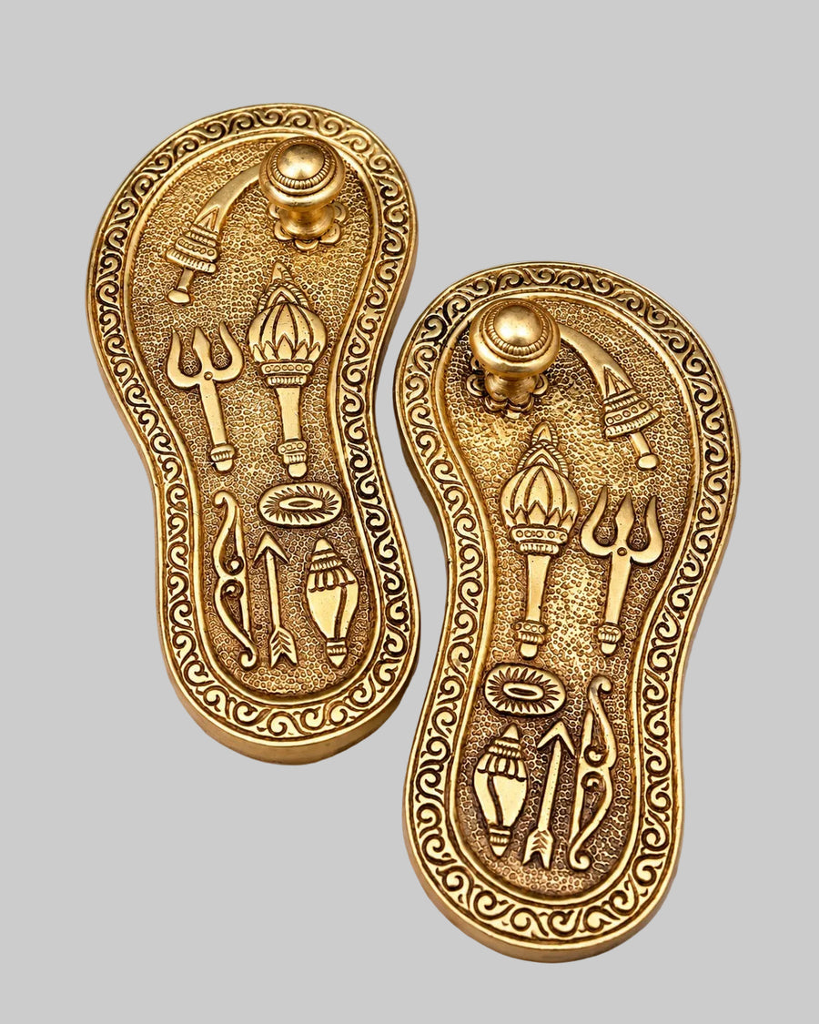 Brass Charan Paduka (Holy Feet) | Traditional Khadau Design | Sacred Hindu Pooja Accessory | Golden Brass Religious Decor (Height: 6 Inches) Craft Detail