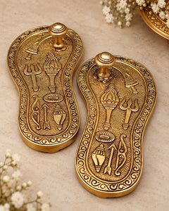 Brass Charan Paduka (Holy Feet) | Traditional Khadau Design | Sacred Hindu Pooja Accessory | Golden Brass Religious Decor (Height: 6 Inches)