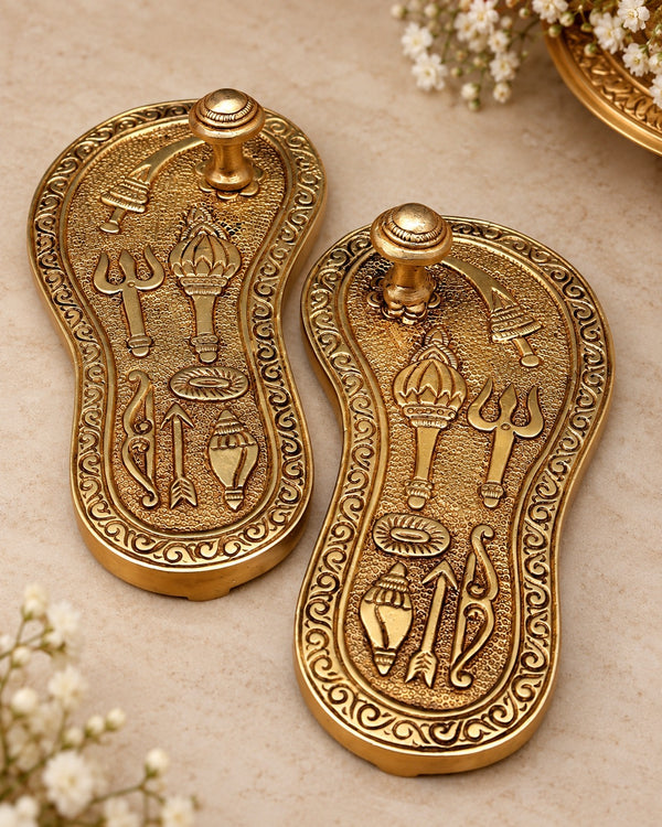 Brass Charan Paduka (Holy Feet) | Traditional Khadau Design | Sacred Hindu Pooja Accessory | Golden Brass Religious Decor (Height: 6 Inches) Study Setting