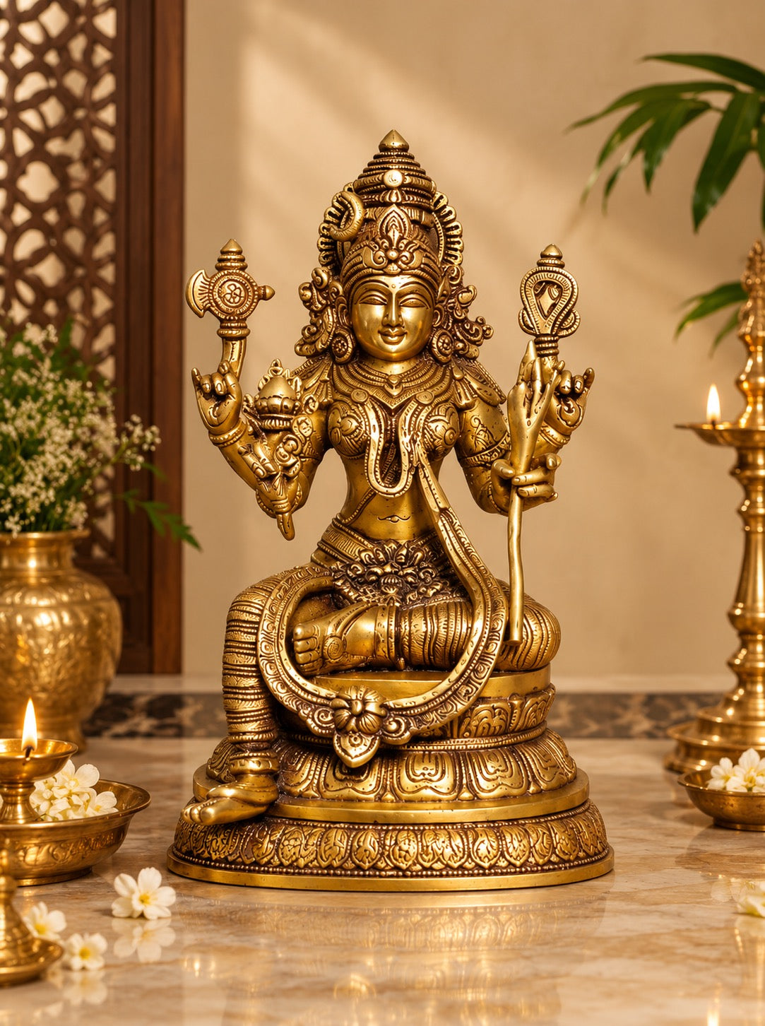 Brass Rajarajeshwari Devi Idol – Tripura Sundari, Lalita Devi & Shodashi | Sri Vidya Temple Décor (Height: 10.5 Inches)