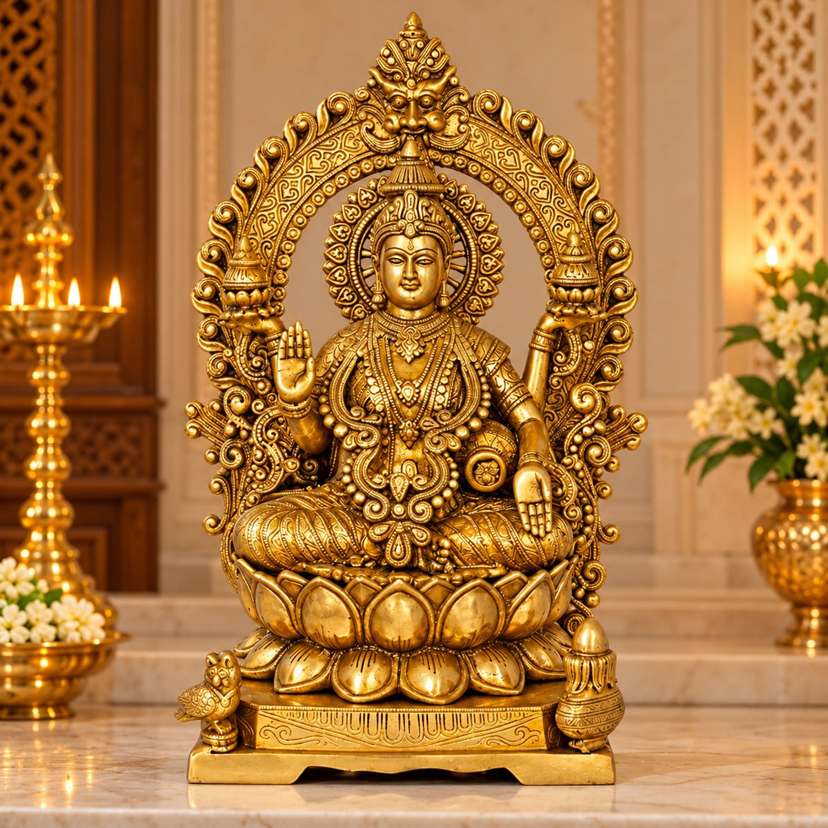 Pure Brass Maa Lakshmi Idol Seated on Lotus Throne with Kirtimukha Prabhawali – Traditional Hindu Sculpture for Home Temple, Altar Décor & Spiritual Gifting (Height: 16.5 Inches)