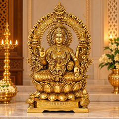 Pure Brass Maa Lakshmi Idol Seated on Lotus Throne with Kirtimukha Prabhawali – Traditional Hindu Sculpture for Home Temple, Altar Décor & Spiritual Gifting (Height: 16.5 Inches)