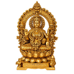 Pure Brass Maa Lakshmi Idol Seated on Lotus Throne with Kirtimukha Prabhawali – Traditional Hindu Sculpture for Home Temple, Altar Décor & Spiritual Gifting (Height: 16.5 Inches)