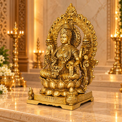Pure Brass Maa Lakshmi Idol Seated on Lotus Throne with Kirtimukha Prabhawali – Traditional Hindu Sculpture for Home Temple, Altar Décor & Spiritual Gifting (Height: 16.5 Inches)