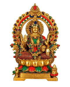 Exquisite Superfine Brass Maa Lakshmi Statue with Natural Stone Embellishments – Goddess Lakshmi Idol for Home Temple, Mandir Décor & Spiritual Gifting (Height: 17 Inches)