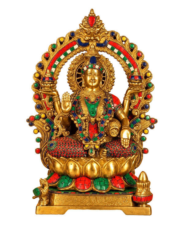 Exquisite Superfine Brass Maa Lakshmi Statue with Natural Stone Embellishments – Goddess Lakshmi Idol for Home Temple, Mandir Décor & Spiritual Gifting (Height: 17 Inches) Entryway Setting