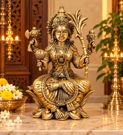 Brass Goddess Rajarajeshwari Statue Seated on Lotus – Tripura Sundari, Lalita Devi Murti, Traditional Hindu Sculpture for Home Temple & Mandir Décor (Height: 8 Inches)