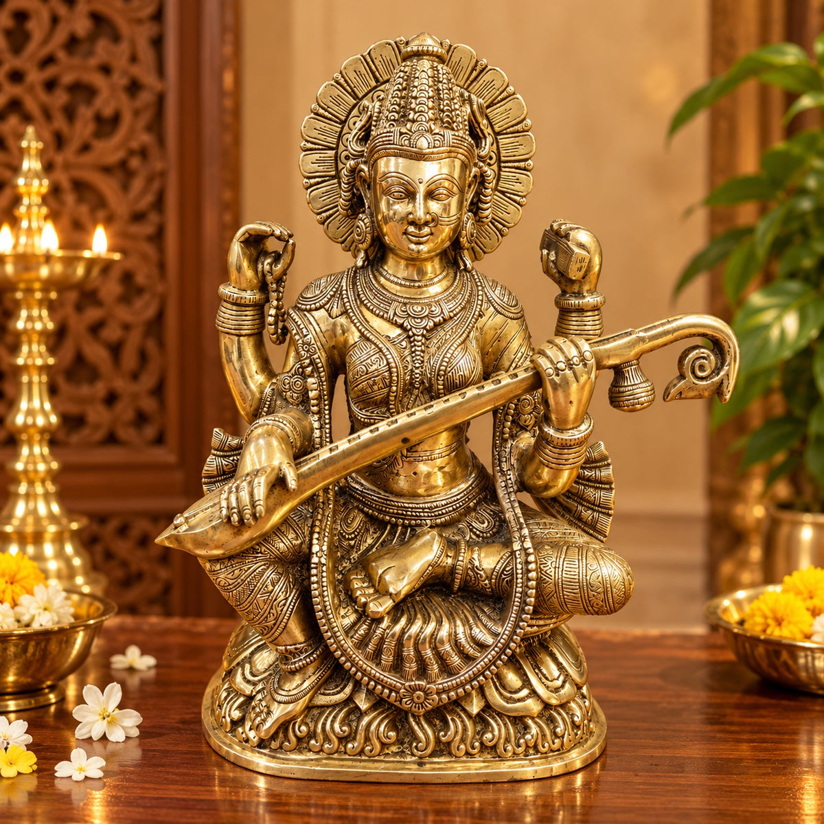 Brass Goddess Saraswati Statue Playing Veena – Traditional Hindu Sculpture for Home Temple, Music Room & Spiritual Décor (Height: 16 Inches)