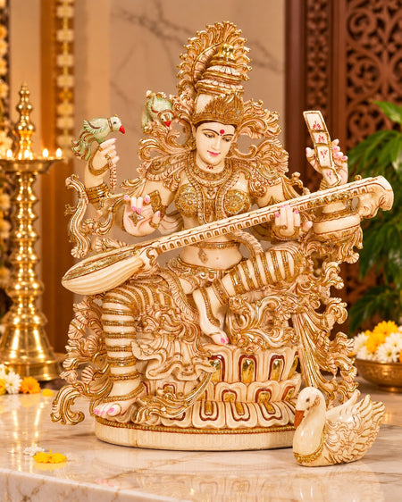 Marble Dust Maa Saraswati Idol – Large Goddess of Knowledge Statue for Home Temple, School, Music Room & Spiritual Décor (Height: 36 Inches)