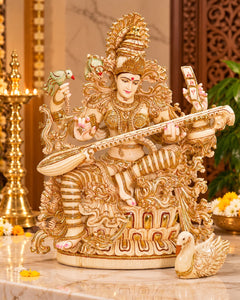 Marble Dust Maa Saraswati Idol – Large Goddess of Knowledge Statue for Home Temple, School, Music Room & Spiritual Décor (Height: 36 Inches)