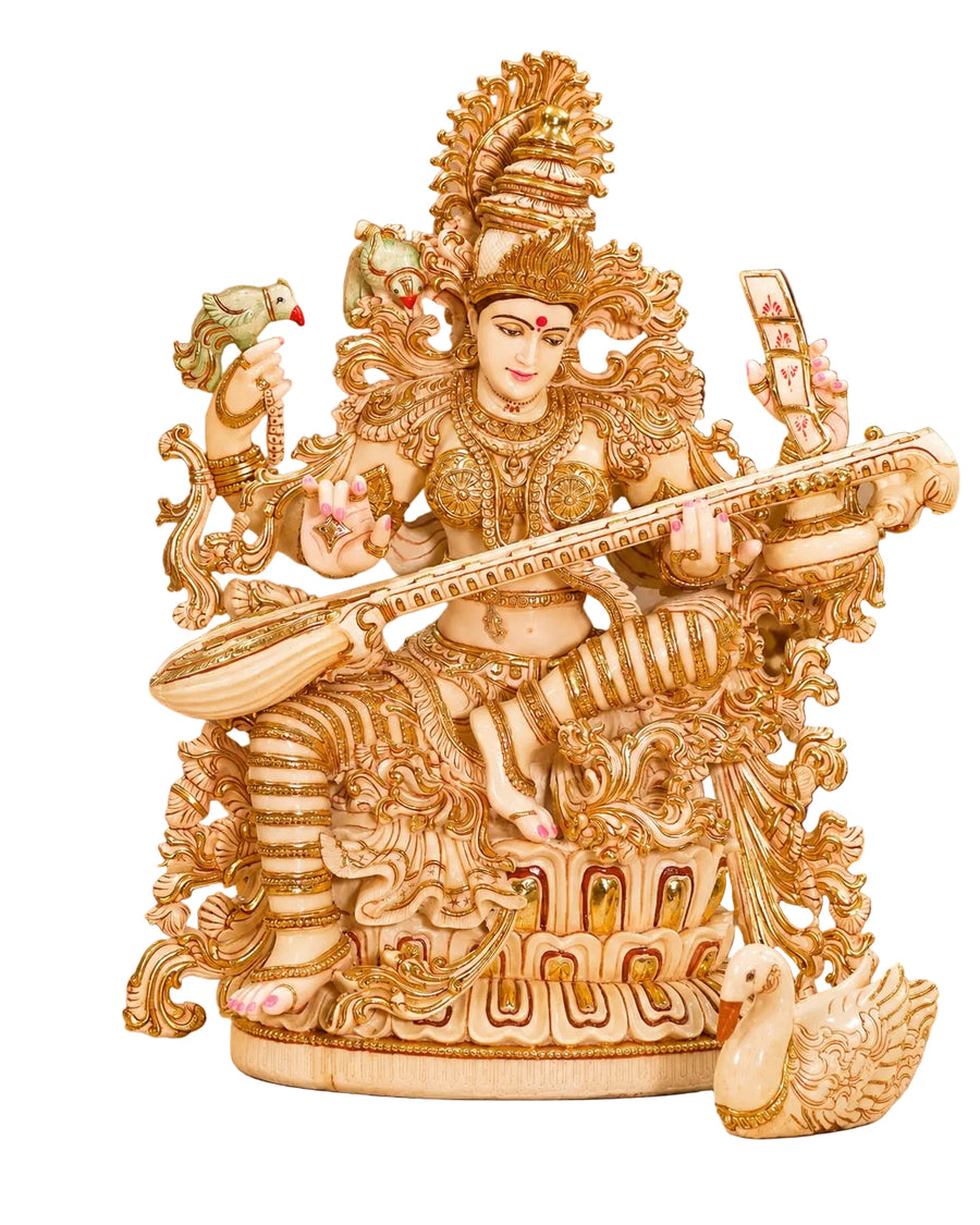 Marble Dust Maa Saraswati Idol – Large Goddess of Knowledge Statue for Home Temple, School, Music Room & Spiritual Décor (Height: 36 Inches) Craft Detail