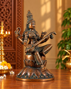 Superfine Brass Kamal Saraswati Statue – Goddess Saraswati Seated on Lotus, Traditional Hindu Idol for Home Temple, Study Room & Spiritual Décor (Height: 10 Inches)