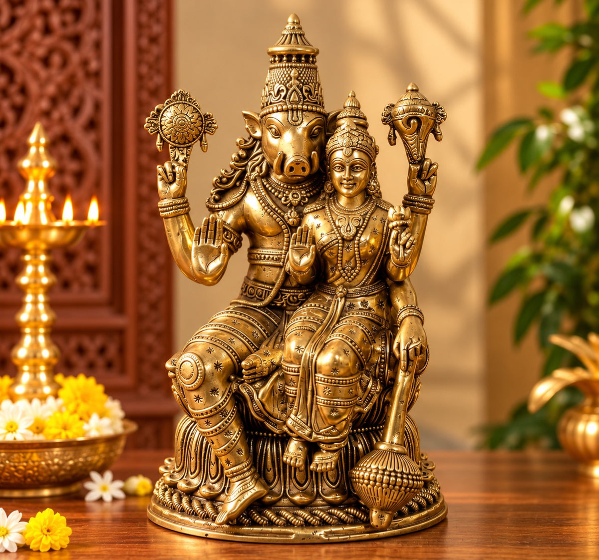 Brass Varaha Lakshmi Statue with Bhudevi – Lord Vishnu’s Varaha Avatar, Traditional Hindu Idol for Home Temple, Mandir & Pooja Décor (Height: 6 Inches)