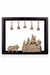 Brass Shiva Parivar and Nandi in rectangular frame, five bell ornaments