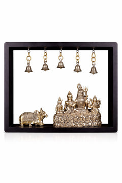 Brass Shiva Parivar and Nandi in rectangular frame, five bell ornaments
