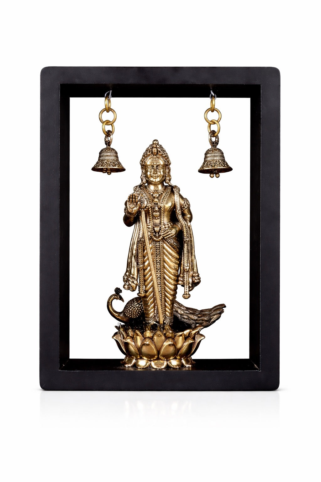 Brass Lord Murugan on lotus with two hanging bells, framed