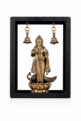 Brass Lord Murugan on lotus with two hanging bells, framed