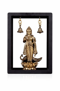 Brass Lord Murugan on lotus with two hanging bells, framed