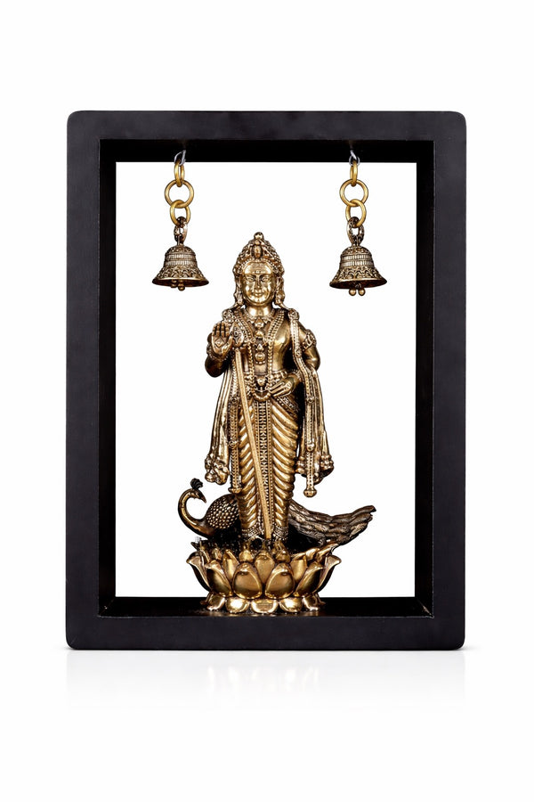 Superfine Brass Lord Murugan on Lotus with Hanging Bells (Height :11 Inches) Mandir Setting