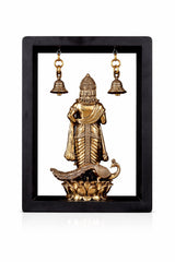Brass Lord Murugan statue on lotus, shown from front with hanging bells