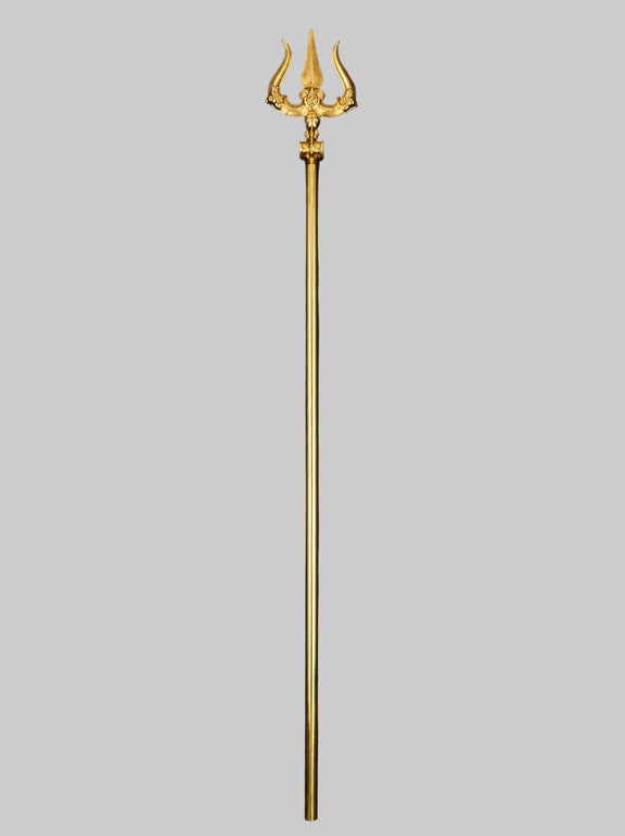 Brass trishul with three-tined top and long straight shaft